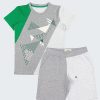 Цветен к-т "Следвай вятъра" се състои от тениска с три цветни блока с интересен геометричен принт и къс панталон с крачоли в два различни цвята - бял меланж и сив меланж, Момчета 5 - 10 години, Zinc
