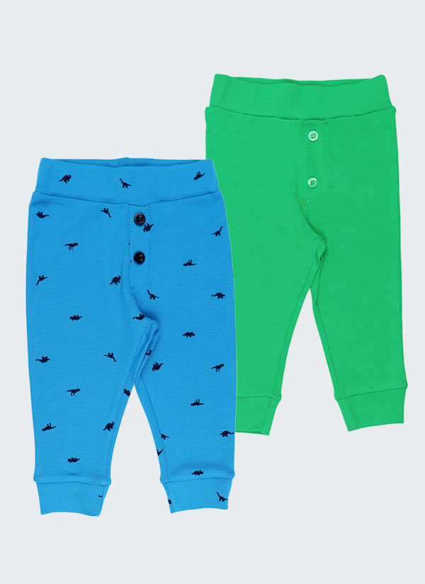 Бебешки панталон с копчета - 2бр. е комплект от класически модел панталони от трико с копчета. Цветовете в комплекта са син с принт на динозаври и зелен, Бебе момче 0 - 2 години, Zinc