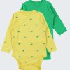 Боди кимоно с дълъг ръкав - 2 бр. в комплект, които се прихлупват като кимоно и се закопчават с тик-так копчета. Едноцветно боди в зелен цвят и боди в жълт цвят с щампа на динозаври, Бебе момче 0 - 6 месеца, Zinc