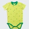 Боди-риза с динозаври е изчистен модел с къс ръкав, с яка и три копчета отпред и тик-так копчета на дъното в жълто-зелен цвят, Бебе момче 0 - 2 години, Zinc