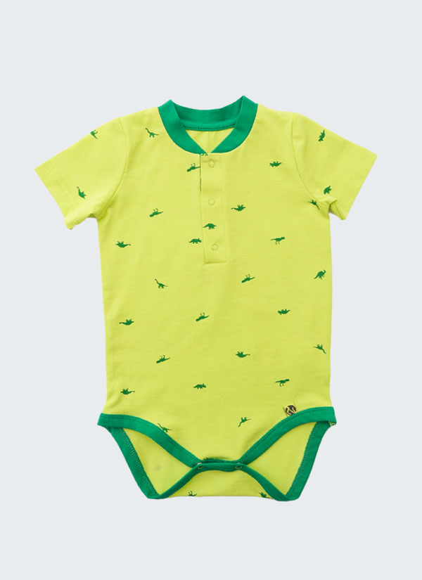 Боди-риза с динозаври е изчистен модел с къс ръкав, с яка и три копчета отпред и тик-так копчета на дъното в жълто-зелен цвят, Бебе момче 0 - 2 години, Zinc