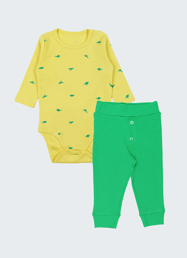 Боди с дълъг ръкав + панталон с копчета е комплект от класическо боди с дълъг ръкав в жълт цвят с принт на динозаври и панталон от трико с копчета в зелен цвят, Бебе момче 0 - 2 години, Zinc