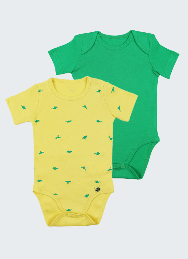 Боди с къс ръкав - 2 бр. в комплект - класическо боди с копчета на рамото в жълт цвят с принт на динозаври и едноцветно боди с прихлупване на рамото в зелен цвят, Бебе момче 0 - 2 години, Zinc