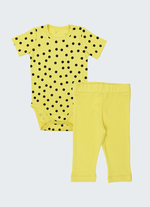 Боди с къс ръкав + панталон като клин се състои от класическо боди с къс ръкав в жълт цвят на сиви точки и клин с малко по-широк ластик на талията и подгъв на крачолите в жълт цвят, Бебе момиче 0 - 2 г., Zinc