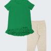 Дълга блуза с панделка + клин 7/8 е комплект от свободна блуза с волан на талията и малка панделка в бг зелен цвят и класически клин с дължина 7/8 в цвят бежов меланж, Момичета 4 - 12 години, Zinc