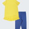 Дълга блуза с панделка + клин 7/8 е комплект от свободна блуза с волан на талията и малка панделка в жълт цвят и класически клин с дължина 7/8 в цвят джинс, Момичета 4 - 12 години, Zinc