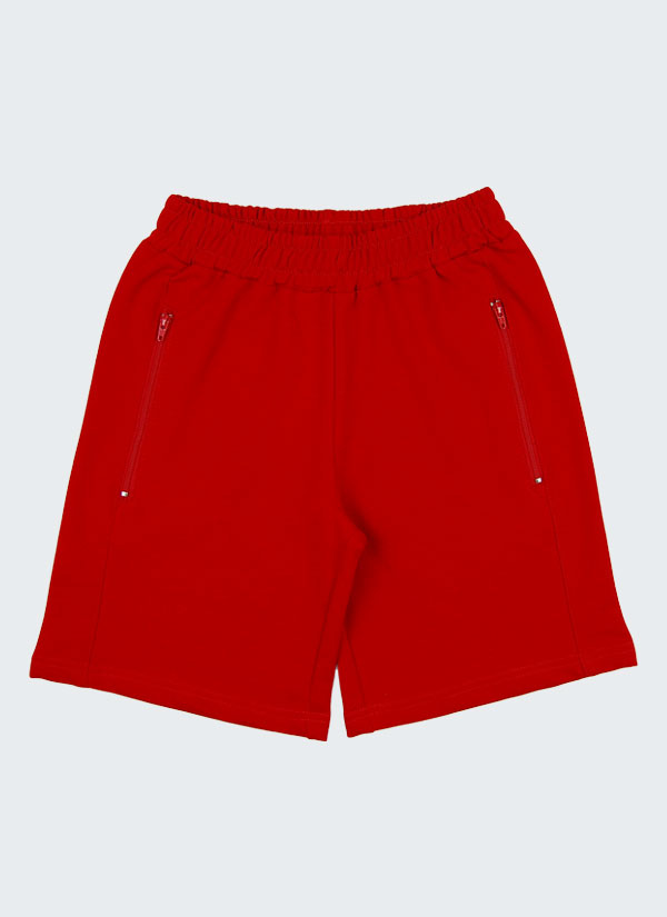 Къс панталон с ципове е класически модел с ластик на талията и подгъв на крачолите с два странични джоба с цип в червен цвят, Момчета 2 - 12 години, Zinc