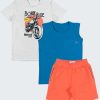 Комплект за лятото от 3 части се състои от тениска с принт, тениска без ръкави в цвят и къс панталон цветни ленти на джобовете на в цвят корал, Момчета 6 - 12 години, Zinc