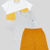 Комплект за лятото от 3 части се състои от тениска с разделена предна част на три цветни блока в бял, тъмно жълт и бял меланж, тениска без ръкави с джоб в бял меланж и къс панталон в ципове на джобовете в цвят хардал меланж, Момчета 6 - 12 години, Zinc