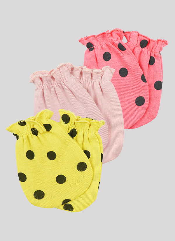 Меки ръкавички - 3 бр. в комплект. Цветове: сьомга на сиви точки и пудра и жълт на точки, Бебе момиче 0 - 6 месеца, Zinc