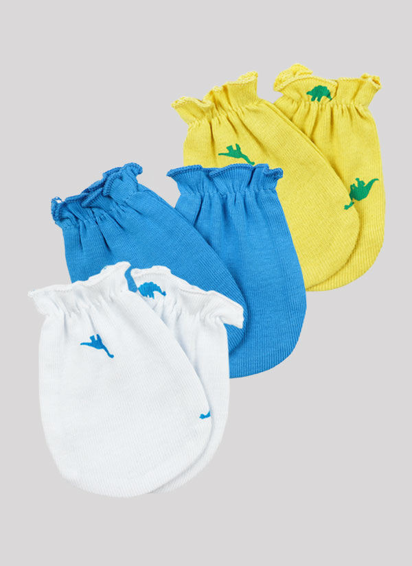 Меки ръкавички - 3 бр. в комплект. Цветове: бял на динозаври, син и жълт на динозаври, Бебе момче 0 - 6 месеца, Zinc