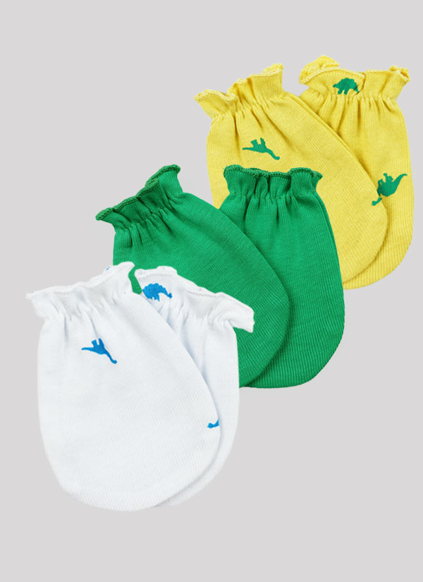 Меки ръкавички - 3 бр. в комплект. Цветове: бял на динозаври, зелен и жълт на динозаври, Бебе момче 0 - 6 месеца, Zinc