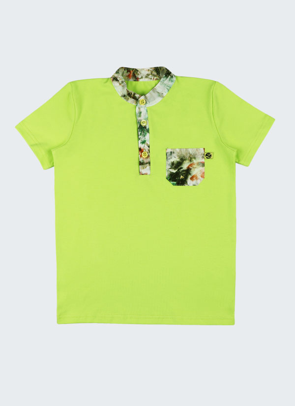 Риза с цветен джоб е със столче яка и джоб от плат с принт на тропически растения. Основният цвят на ризата е жълто-зелен цвят, Момчета 2 - 12 години, Zinc
