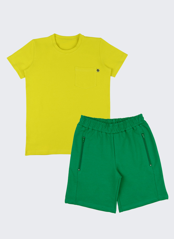 Тениска с джоб + къс панталон с ципове е комплект от изчистена класическа тениска с малък джоб в силно жълт цвят и къс панталон с ципове на джобовете в бг зелен цвят, Момчета 6 - 12 години, Zinc
