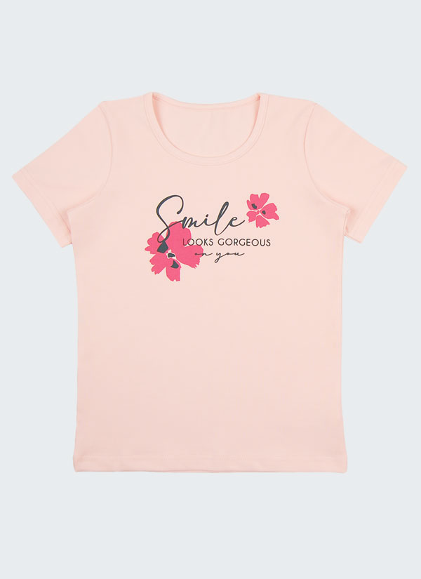 Тениска с принт на цветя е класическа тениска с подгъв на ръкавите и талията и с принт на цветя и послание "Усмивката ти стои великолепно" в цвят пудра, Момичета 2 - 8 години, Zinc
