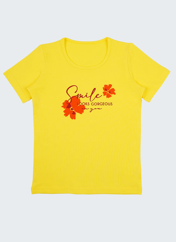 Тениска с принт на цветя е класическа тениска с подгъв на ръкавите и талията и с принт на цветя и послание "Усмивката ти стои великолепно" в звънливо жълт цвят, Момичета 2 - 8 години, Zinc
