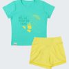 Тениска "Сърчице" и къс панталон е комплект от класическа тениска с принт със сърце и къс панталон със зигзаг лента, която минава върху подгъва на крачолите в жълт цвят, Бебе момиче 0 - 2 години, Zinc