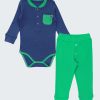 К-т боди-риза с дълъг ръкав и панталон се състои от спортен модел боди-риза в син цвят и панталон с две копчета отпред в зелен цвят, Бебе момче 0 - 2 години, Zinc