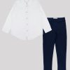 Риза с отворен гръб и клин-панталон е комплект от свободен модел бяла риза с отворен гръб в и класически клин-панталон в тъмно син цвят, Момичета 6 - 12 години, Zinc