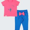 Тениска "Сърчице" и панталон с панделка е комплект от тениска с принт със сърце в цвят светла малина и панталон с панделка с прегънат широк колан, два странични джоба и обърнат подгъв на крачолите в цвят сакс с голяма панделка отпред в цвят светла малина, Бебе момиче 0 - 2 години, Zinc