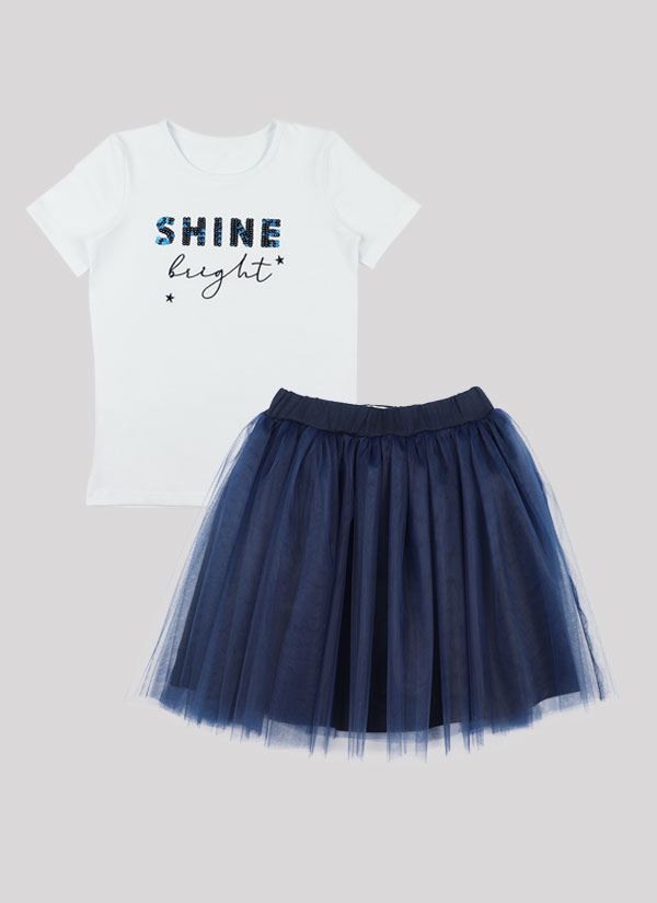 К-т тениска и пола с тюл се състои от бяла тениска с бродерия с пайети и послание "Shine bright" и тъмно синя пола с мека подплата и тюл, Момичета 4 - 8 години, Zinc