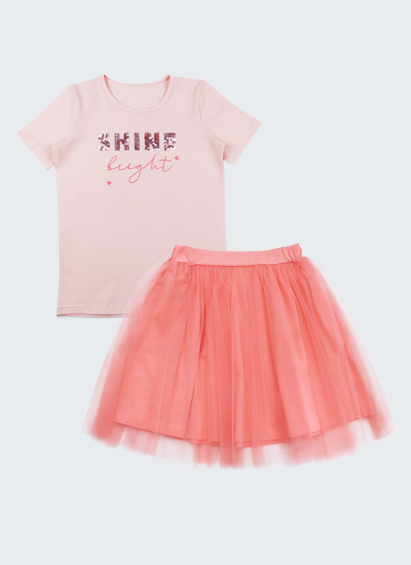 К-т тениска и пола с тюл се състои от тениска в цвят пудра с бродерия с пайети и послание "Shine bright" и пола с мека подплата и тюл в цвят праскова, Момичета 4 - 8 години, Zinc