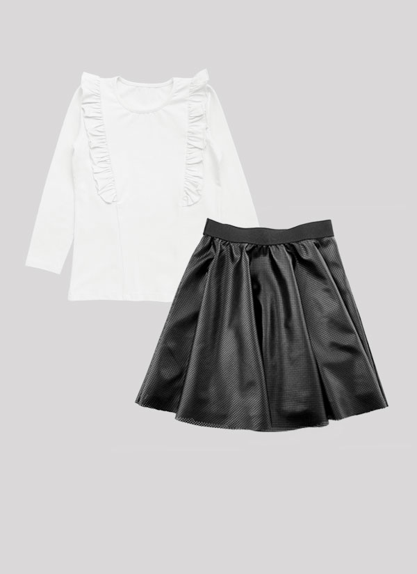 Блуза с къдри и пола от изкуствена кожа е комплект от блуза с две къдри отпред, които минават и на гърба в бял цвят плюс пола от перфорирана изкуствена кожа в черен цвят, Момичета 2 - 10 години, Zinc