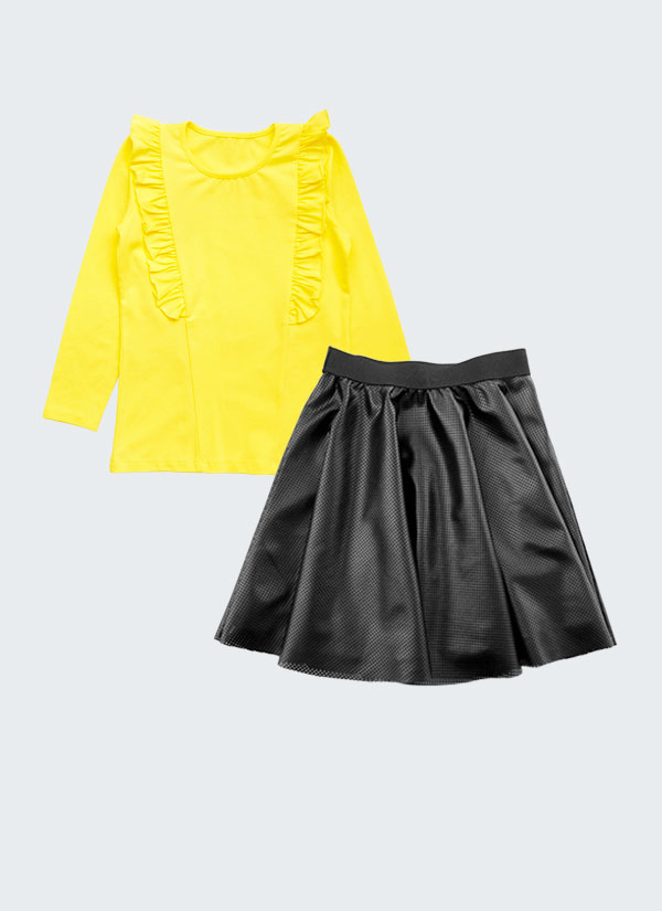 Блуза с къдри и пола от изкуствена кожа е комплект от блуза с две къдри отпред, които минават и на гърба в жълт цвят плюс пола от перфорирана изкуствена кожа в черен цвят, Момичета 2 - 10 години, Zinc