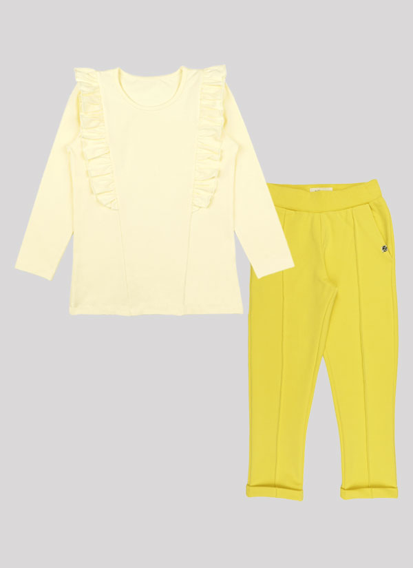 К-т блуза с къдри и панталон с ръбове се състои от вталена блуза с къдри отпред и нежен принт на цветя в цвят шампанско и панталон с ръб с два странични джоба и обърнат подгъв на крачолите в патешко жълт цвят, Момичета 1 - 5 години, Zinc