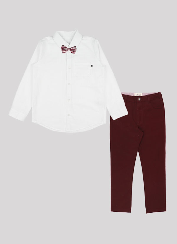 К-т риза, панталон и папийонка включва класически панталон със скрит ластик на колана за регулиране на талията в цвят бордо, бяла класическа риза и папийонка в цвят каре, Момчета 5 - 12 години, Zinc