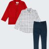 К-т сако, риза и панталон включва класически панталон със скрит ластик на колана за регулиране на талията в тъмно син цвят, карирана риза в екрю и тъмно синьо и сако в червен цвят, Момчета 5 - 12 години, Zinc