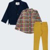 К-т сако, риза и панталон включва класически панталон със скрит ластик на колана за регулиране на талията в жълт цвят, карирана риза с джоб и сако в тъмно син цвят, Момчета 5 - 12 години, Zinc
