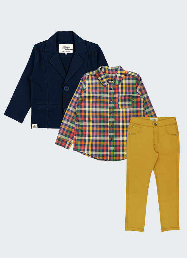К-т сако, риза и панталон включва класически панталон със скрит ластик на колана за регулиране на талията в жълт цвят, карирана риза с джоб и сако в тъмно син цвят, Момчета 5 - 12 години, Zinc