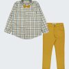 К-т риза, панталон и папийонка включва класически панталон със скрит ластик на колана за регулиране на талията в жълт цвят, карирана риза в екрю и жълто-зелен и папийонка в жълт цвят, Момчета 5 - 12 години, Zinc
