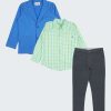 К-т сако, риза и панталон включва класически панталон със скрит ластик на колана за регулиране на талията в тъмно сив цвят, карирана риза в зелено каре и сако в цвят аква, Момчета 5 - 12 години, Zinc