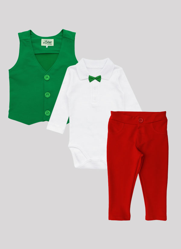 Елегантен бебешки комплект включва елегантно елече с имитация на джоб в зелен цвят, бяла боди-риза с дълъг ръкав със зашита папийонка на в зелен цвят и елегантен панталон от трико в червен цвят, Момчета 6 месеца - 2 години, Zinc