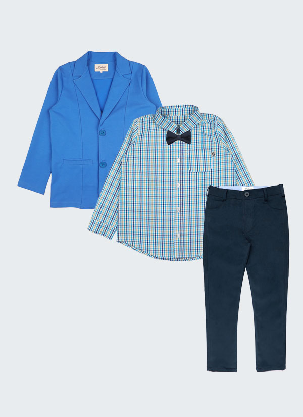 Елегантен комплект от 4-ри части включва класическо сако с два скрити джоба в цвят аква, изчистена риза каре с малък джоб, класически панталон в тъмно син цвят и папийонка с цвета на панталона, Момчета 5 - 10 години, Zinc