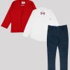 Елегантен комплект от 4-ри части включва класическо сако с два скрити джоба в червен цвят, бяла изчистена риза с малък джоб, класически панталон в тъмно син цвят и папийонка на каре, Момчета 5 - 10 години, Zinc