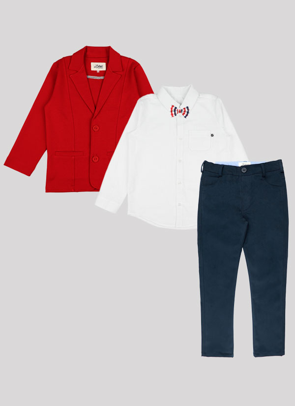 Елегантен комплект от 4-ри части включва класическо сако с два скрити джоба в червен цвят, бяла изчистена риза с малък джоб, класически панталон в тъмно син цвят и папийонка на каре, Момчета 5 - 10 години, Zinc