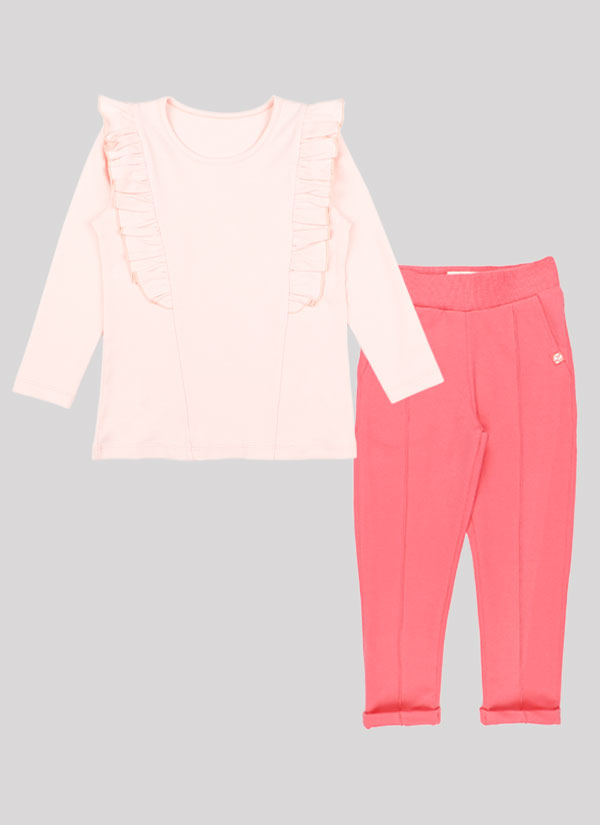 К-т блуза с къдри и панталон с ръбове се състои от вталена блуза с къдри отпред и нежен принт на цветя в цвят пудра и панталон с ръб с два странични джоба и обърнат подгъв на крачолите в цвят сьомга, Момичета 1 - 5 години, Zinc