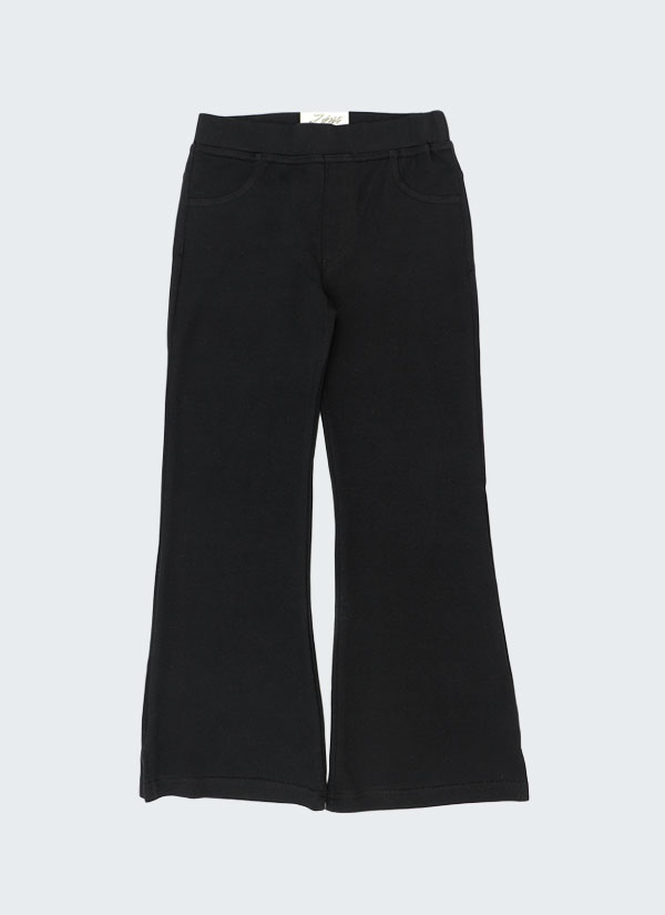 Клин-панталон с клоширани крачоли е класически клин-панталон с имитация на джобове отпред и два джоба отзад с разширяващи се от коляното крачоли с малка цепка от едната страна в черен цвят, Момичета 6 - 13 години, Zinc