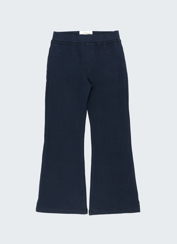 Клин-панталон с клоширани крачоли е класически клин-панталон с имитация на джобове отпред и два джоба отзад с разширяващи се от коляното крачоли с малка цепка от едната страна в тъмно син цвят, Момичета 6 - 13 години, Zinc