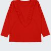 Пижама с къдри и принт на букви се състои от блуза с дълъг ръкав и къдри под деколтето в червен цвят и свободен панталон с ластик на талията в цвят сив меланж с принт на букви, снимка блуза, Момичета 5 - 12 години, Zinc