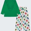 Пижама с къдри и принт на букви се състои от блуза с дълъг ръкав и къдри под деколтето в бг зелен цвят и свободен панталон с ластик на талията в цвят сив меланж с принт на букви, Момичета 5 - 12 години, Zinc