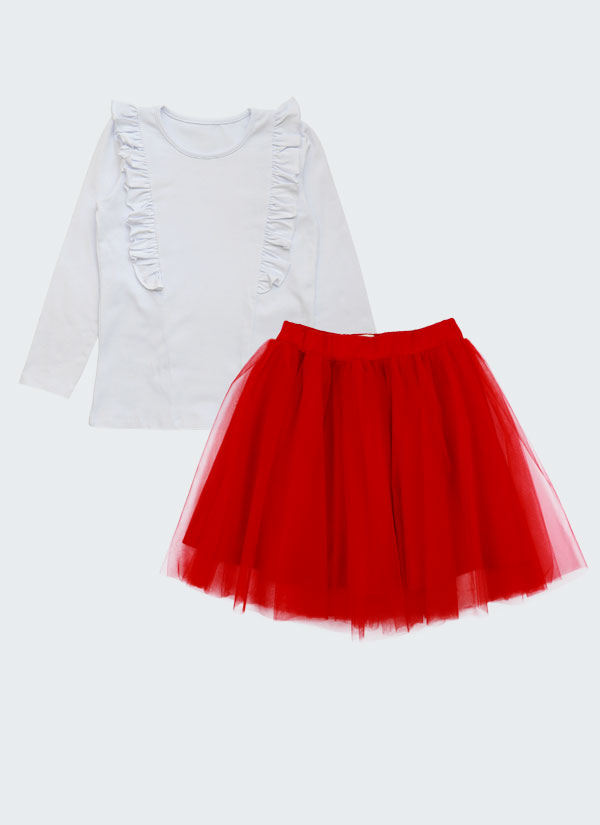 Блуза с къдри и пола с тюл е комплект от блуза с две къдри отпред, които минават и на гърба в бял цвят плюс разкроена пола от два пласта долен от памучно трико и горен от тюл в червен цвят, Момичета 2 - 10 години, Zinc