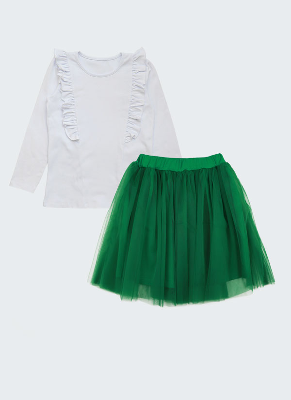 Блуза с къдри и пола с тюл е комплект от блуза с две къдри отпред, които минават и на гърба в бял цвят плюс разкроена пола от два пласта долен от памучно трико и горен от тюл в зелен цвят, Момичета 2 - 10 години, Zinc