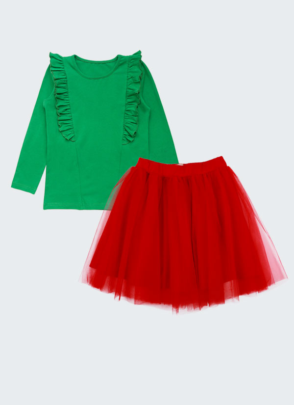 Блуза с къдри и пола с тюл е комплект от блуза с две къдри отпред, които минават и на гърба в зелен цвят плюс разкроена пола от два пласта долен от памучно трико и горен от тюл в червен цвят, Момичета 2 - 10 години, Zinc