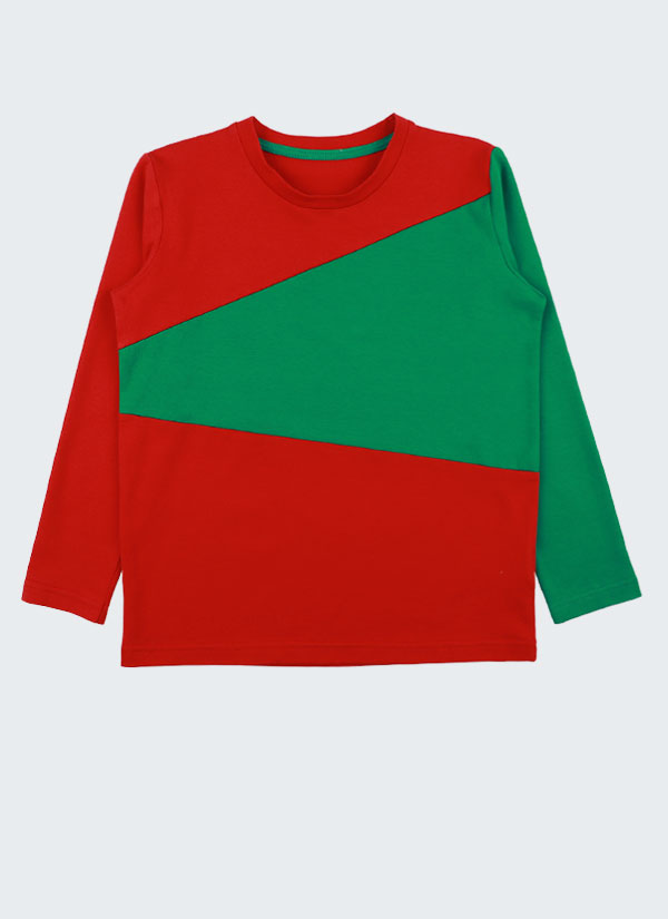 Цветна пижама е комплект от блуза с дълги ръкави и блокове в 2 цвята - червен и бг зелен. Моделът на блузата е асиметричен. Долнището е изчистено и е в зелен цвят,снимка долнище, Момчета 2 - 12 години, Zinc