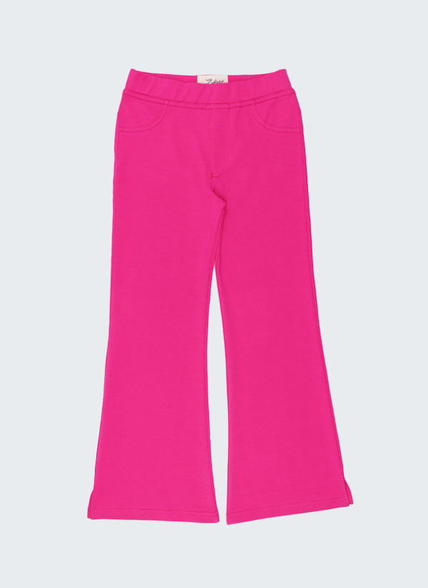 Клин-панталон с клоширани крачоли е класически клин-панталон с имитация на джобове отпред и два джоба отзад с разширяващи се от коляното крачоли с малка цепка от едната страна в цвят циклама, Момичета 6 - 13 години, Zinc