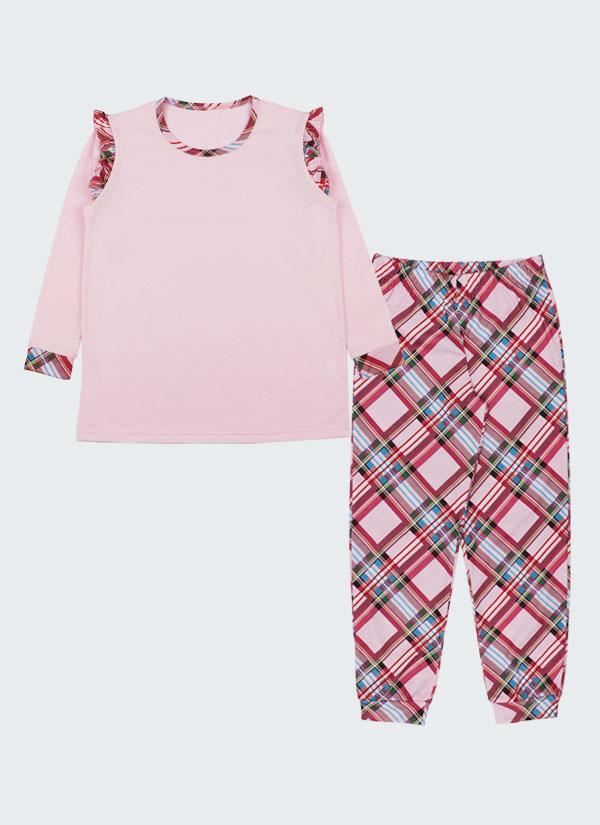Пижама с каре се състои от две части - блуза с дълъг ръкав, подгъв на талията и маншети от каре в розов цвят и малки къдри на рамото, заедно с изчистено долнище с ластик на талията и маншет на крачолите на розово каре, Момичета 5 - 12 години, Zinc